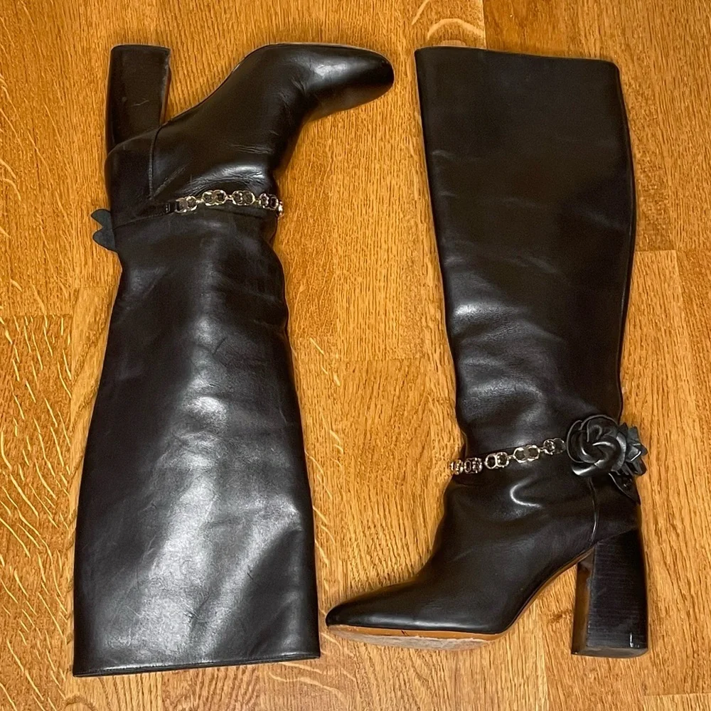 Tory Burch Leather Floral Blossom Knee High Heeled Boot